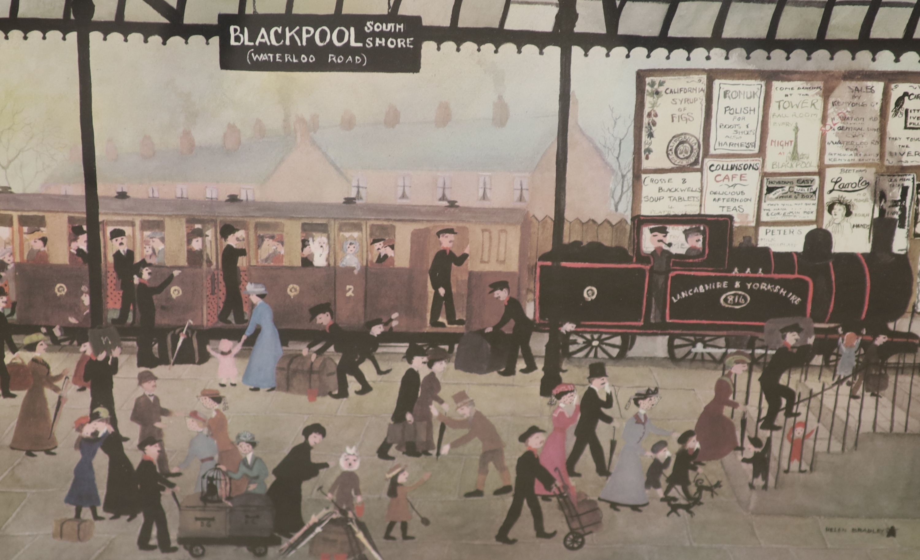 Helen Bradley, two signed prints, Blackpool Station and Blackpool Sands, both signed in pencil, overall 40 x 57cm and 48 x 62cm